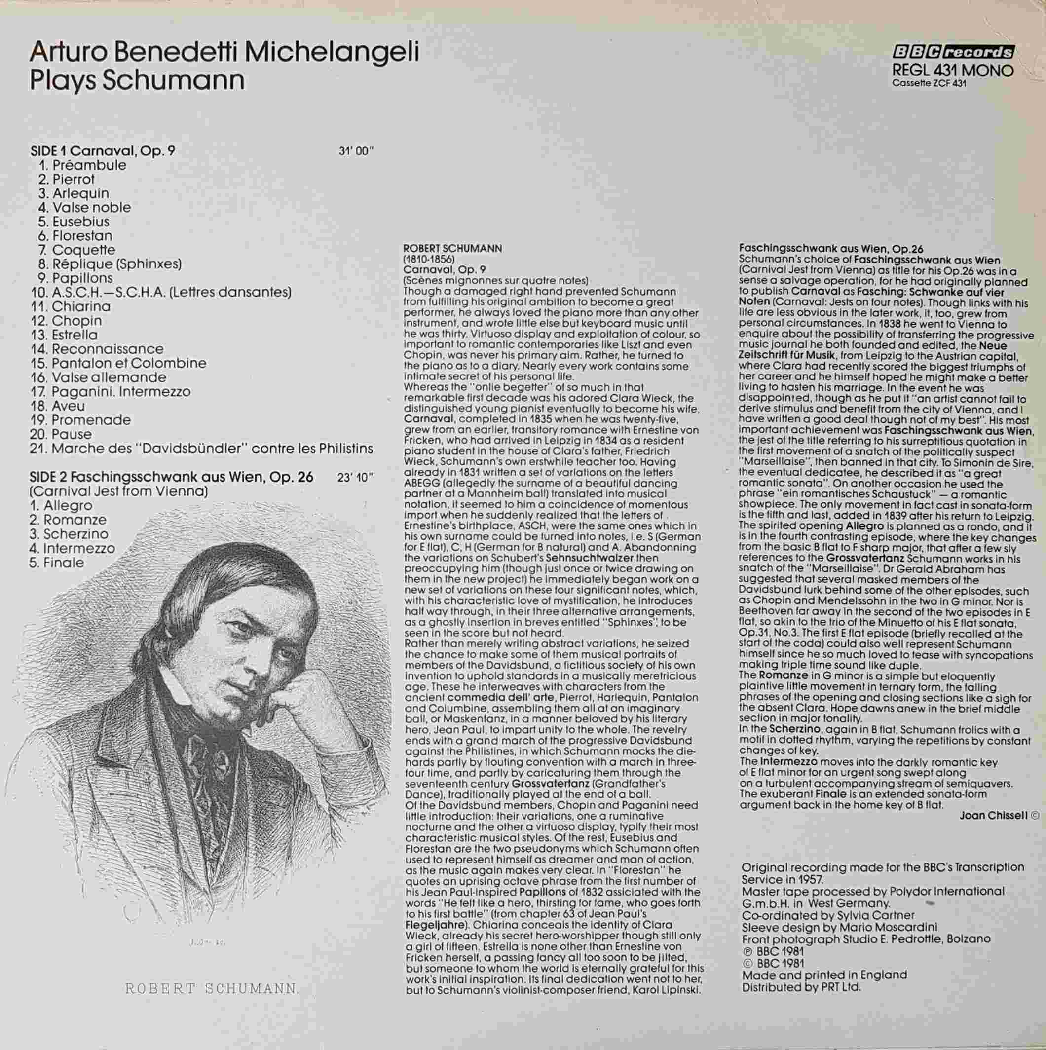 Picture of REGL 431 Arturo Benedetti Michelangeli plays Schumann by artist Arturo Benedetti Michelangeli from the BBC records and Tapes library